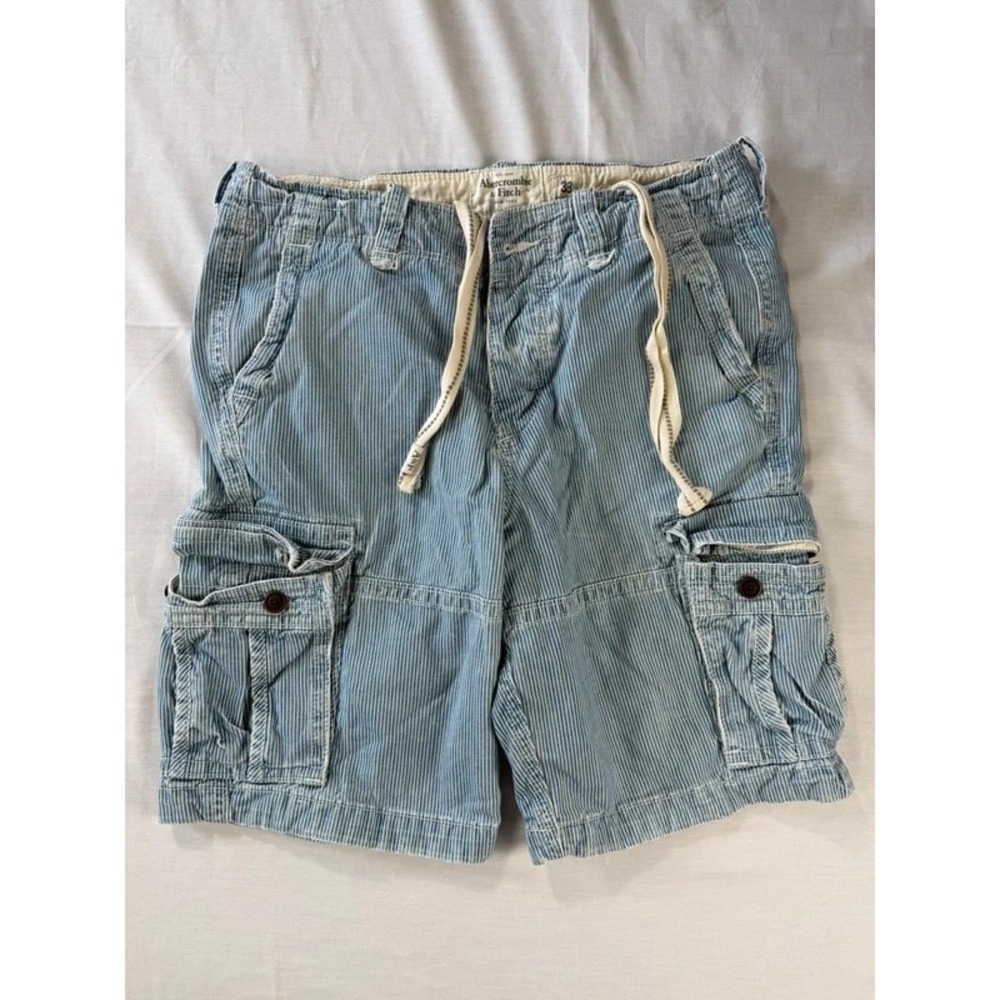 Abercrombie & Fitch Men's 33 Blue White Pinstripe Cargo Shorts Drawstring Y2K